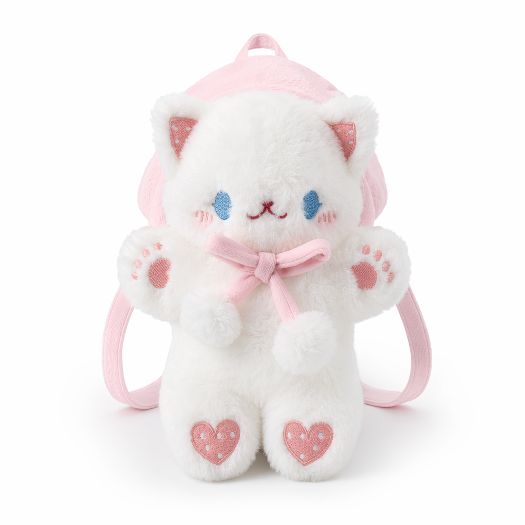 Pastel Furry Kitten Backpack with Hand Embroidered Paws Pink