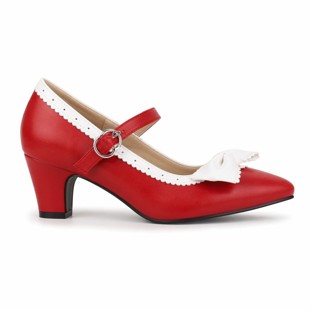 Sweet Lolita Heels with Lace Trim and Bow in Toe Version Red Pointed Toe