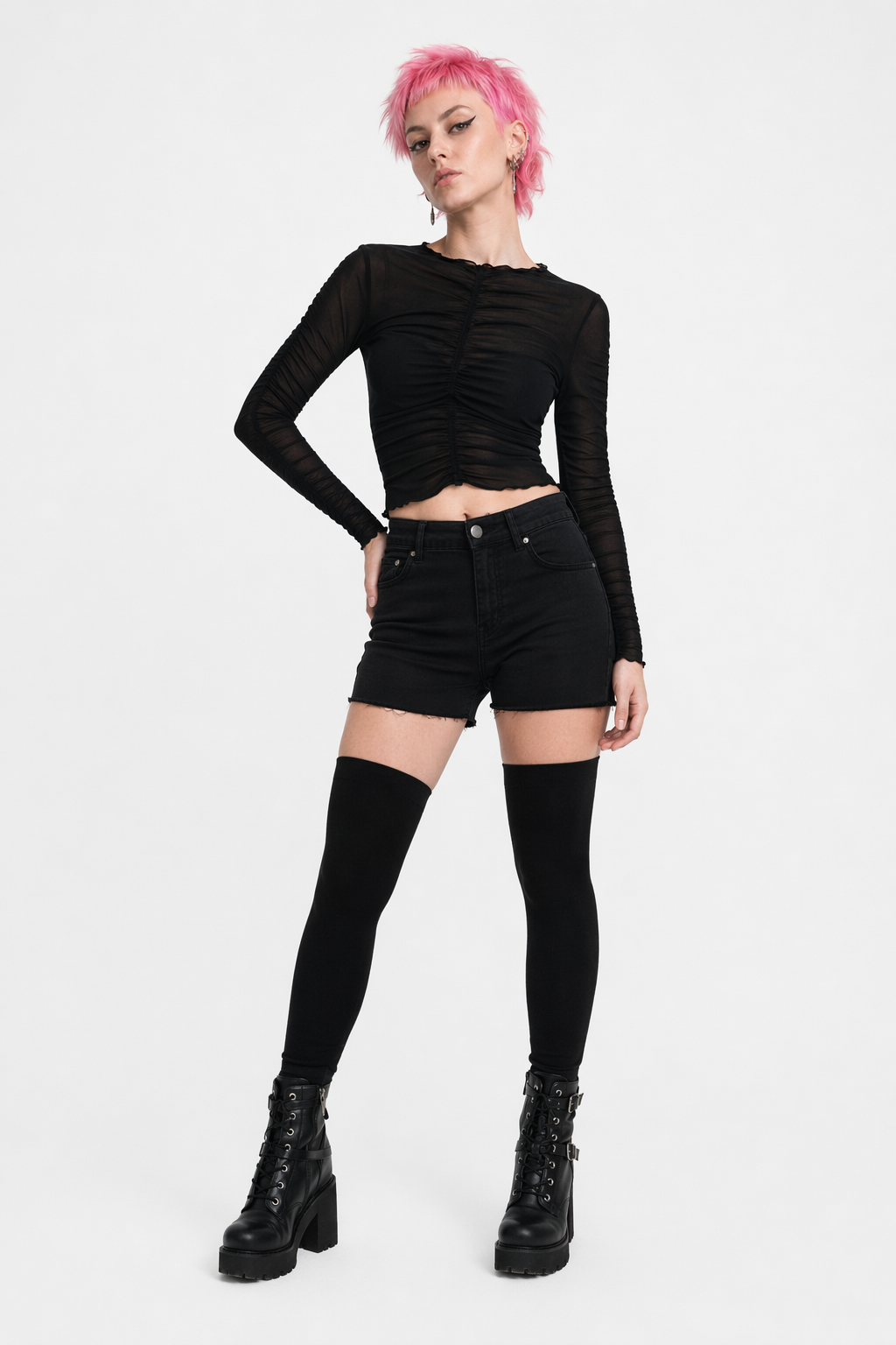 Plus-Size School Girl Thigh High Stockings in White Stripes or Solid Black Solid Black