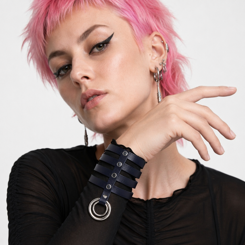 Vegan Leather High Elongated Collar with Built-in O-Ring Hook Dark Blue