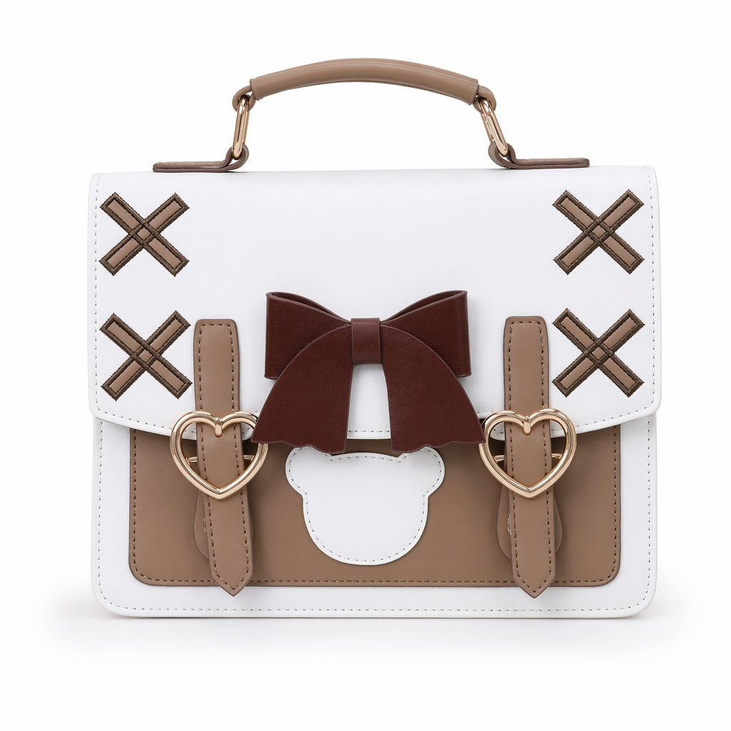 Baby Bear Lolita Handbag with Luxurious Vegan Suede and Leather White Brown