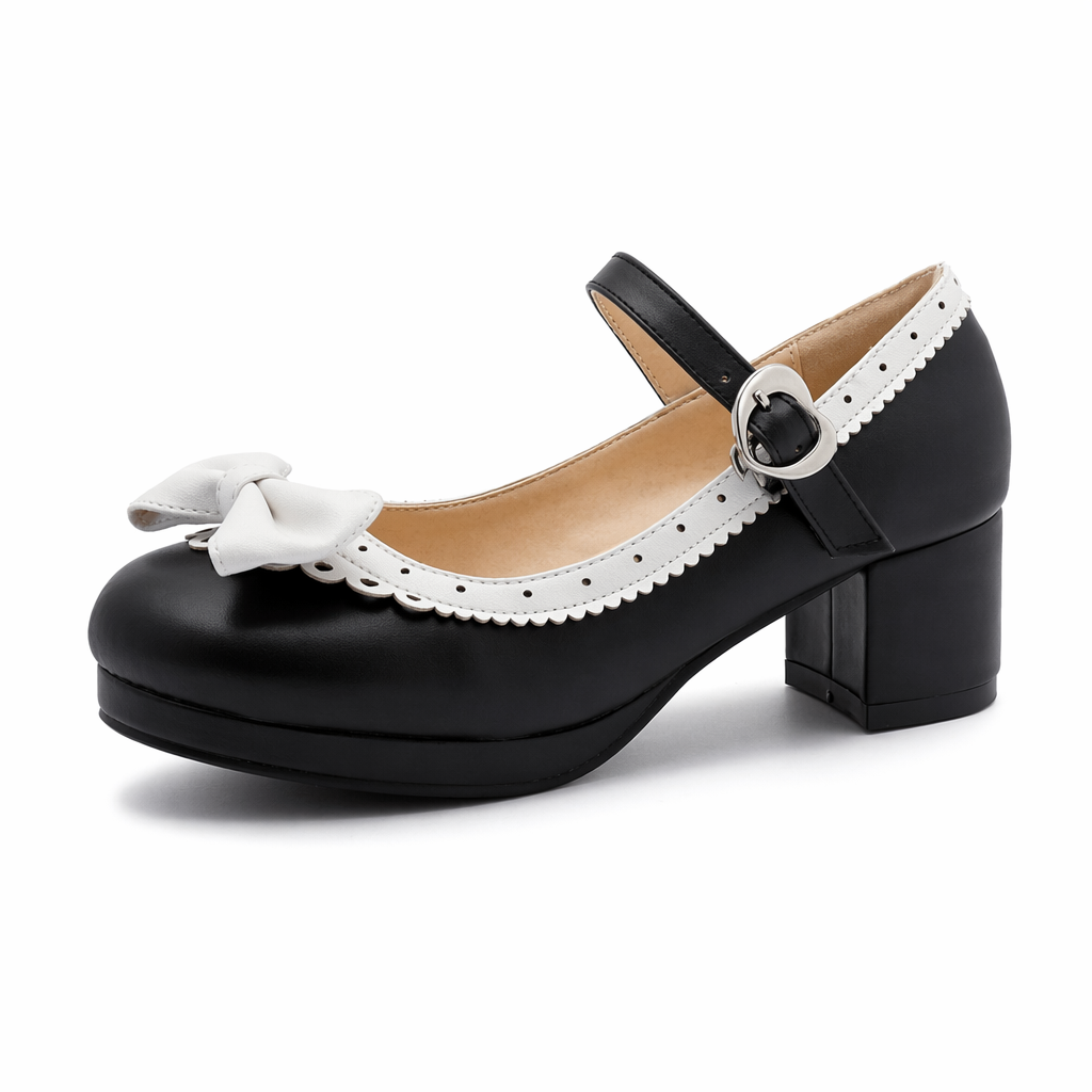 Sweet Lolita Heels with Lace Trim and Bow in Toe Version A Black