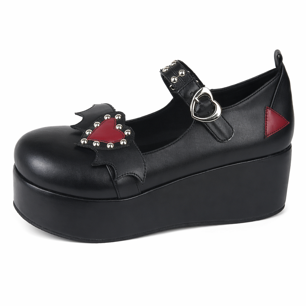 Babydoll Platform Wedge Mary Jane Shoes with Heart Buckle Black Winged Heart