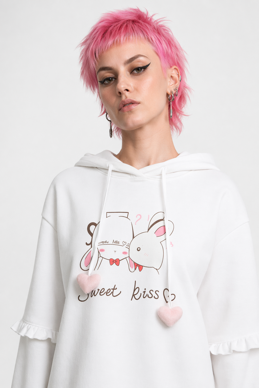 Cute White Baby Kisses Hoodie with Bunny Ears for Kawaii Fashion Default Title