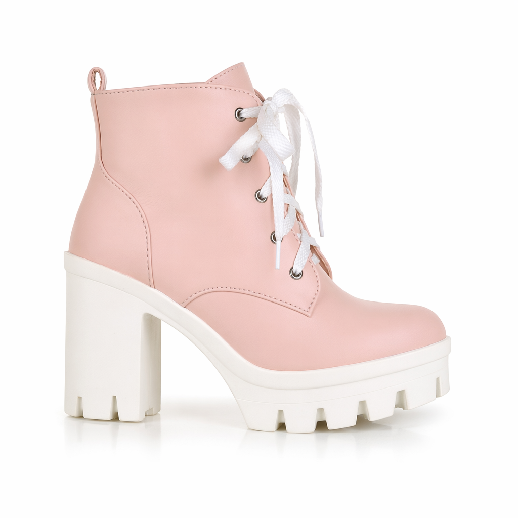 Chunky Square Heel Ankle Boots with Beautiful White Laces in Vegan Leather Pink