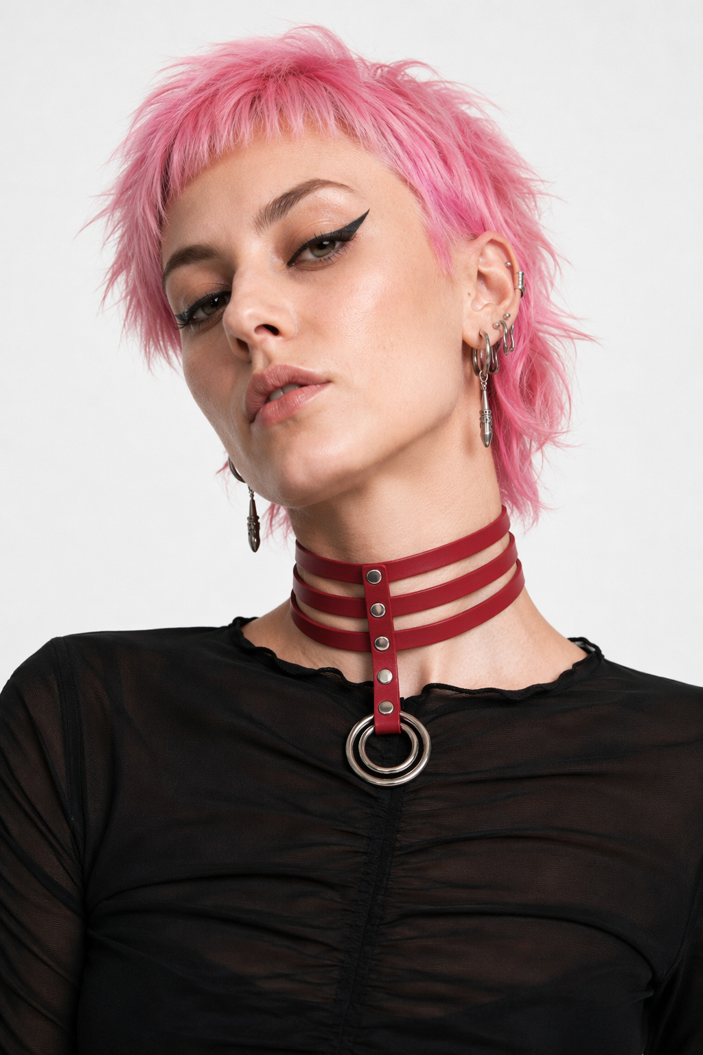 Vegan Leather High Elongated Collar with Built-in O-Ring Hook Red