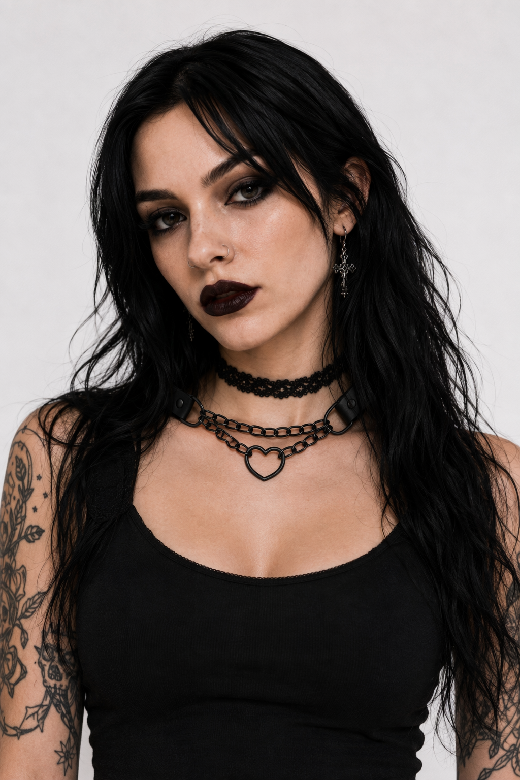 Chained Heart Choker Necklace in Thick Vegan Leather Black