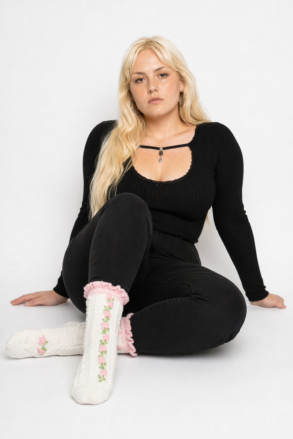 Textured Angelic Socks with Knit Detailing and Rosebud Embellishments No2