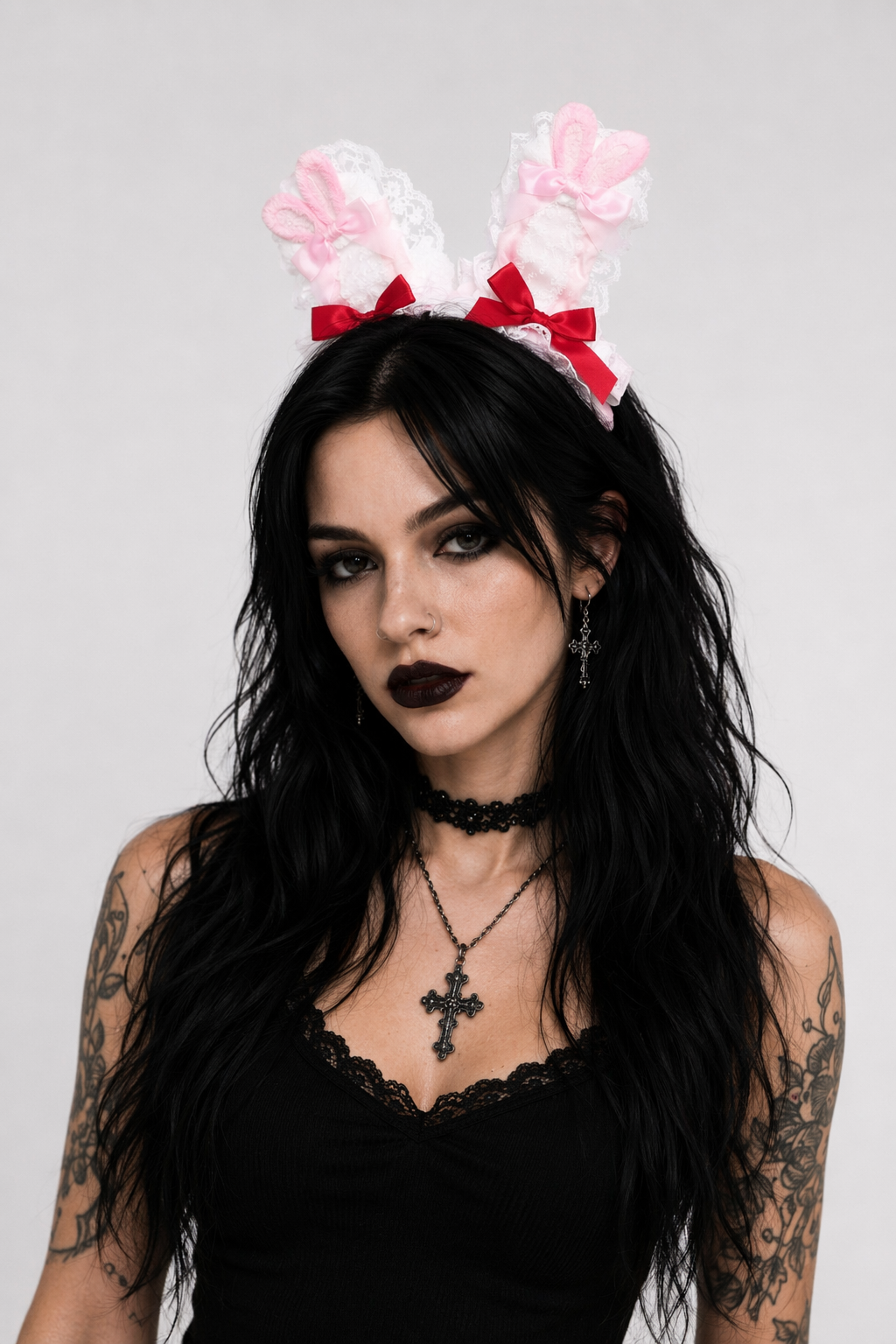 Lace Bunny Ear Lolita Stockings with Ruffles and Removable Ears Pink With Pink Ribbon