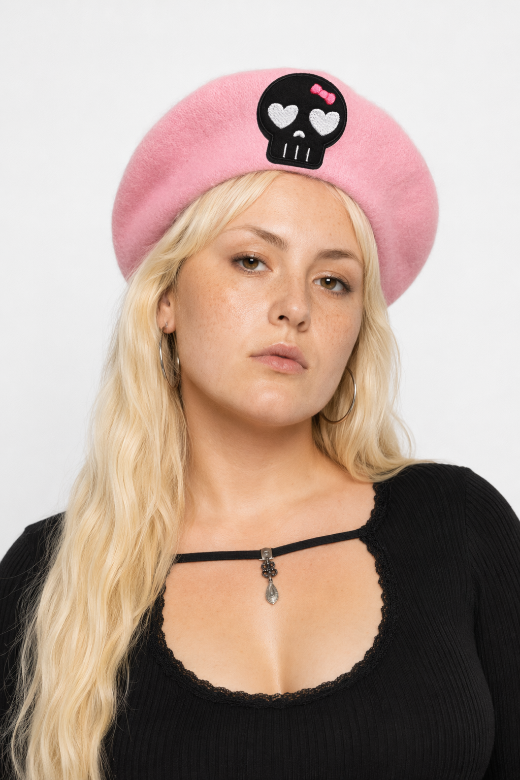 Pink Menhera Nurse Beret for Kawaii Fashion Enthusiasts Pink Black Skull