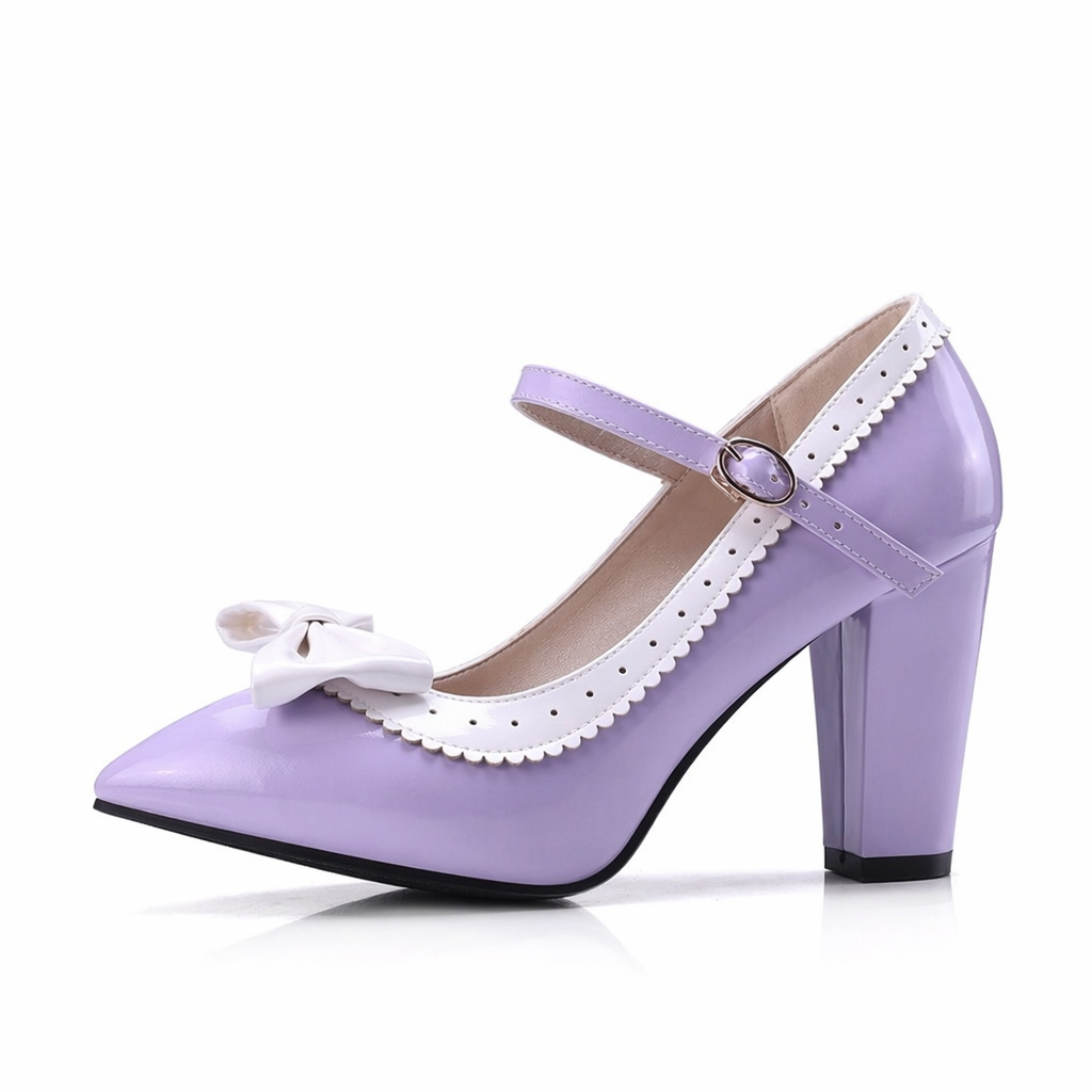 Sweet Lolita Heels with Lace Trim and Bow in Toe Version Purple Pointed Toe