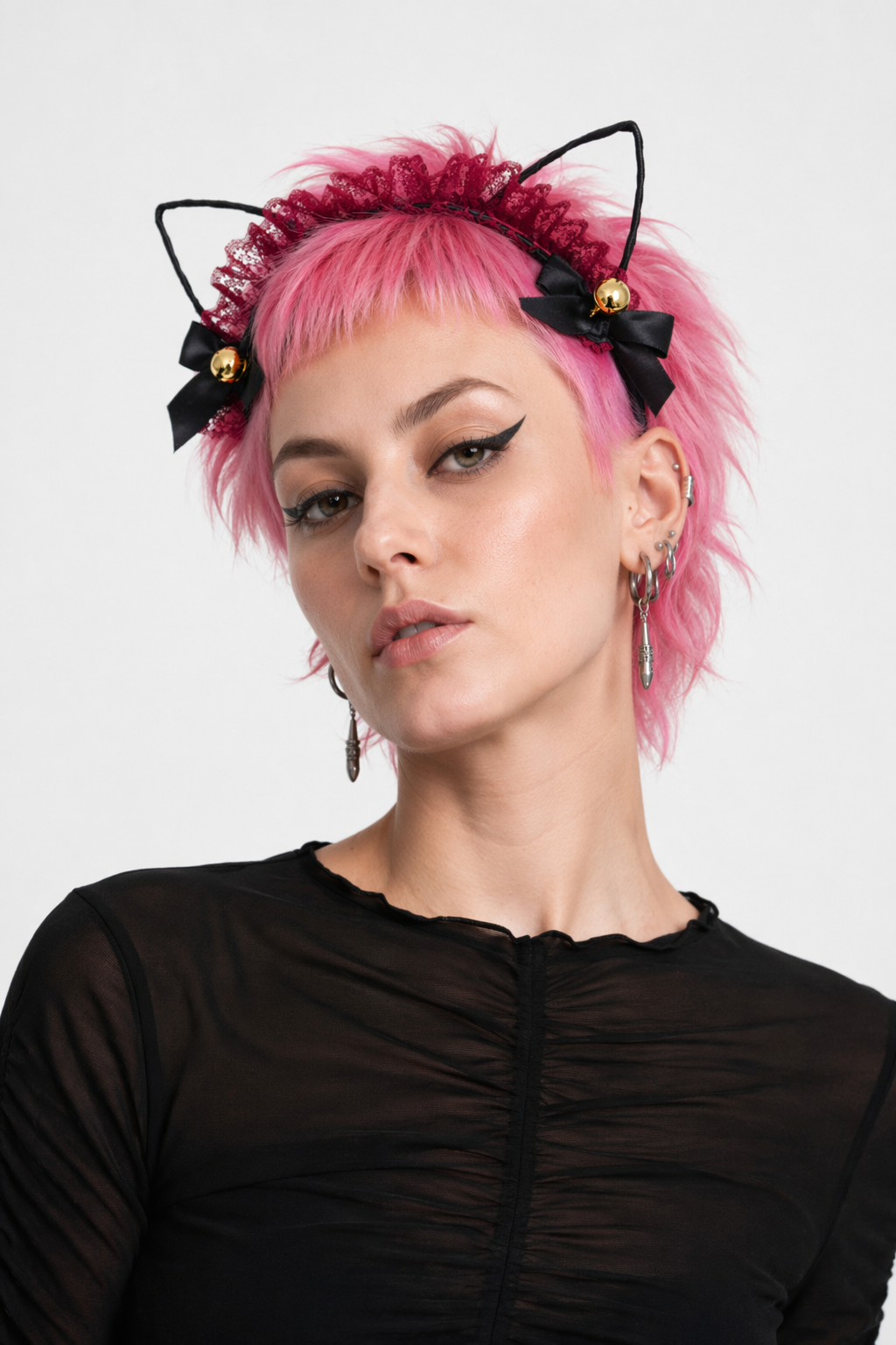 Cute Cat Ear Headband with Gold Bells and Lace Embellishments Red