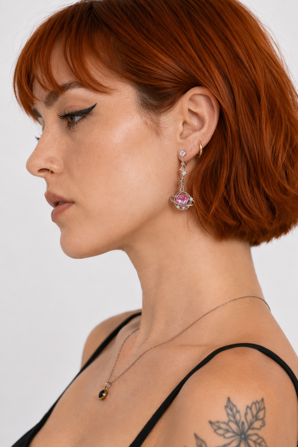 Dainty Heart Planet Earrings with Rhinestones and Gem Details Silver