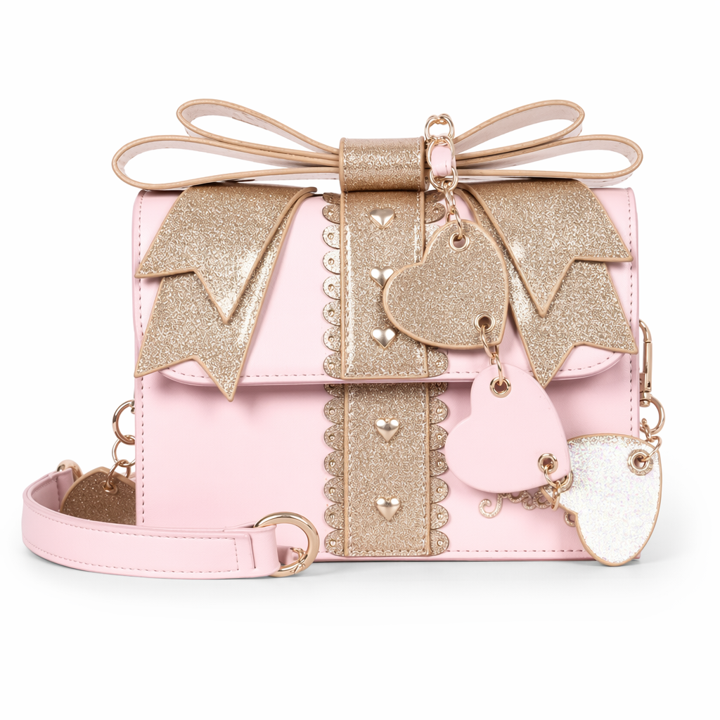 Glittery Lolita Gift Handbag Shaped Like a Present With Bow Pink