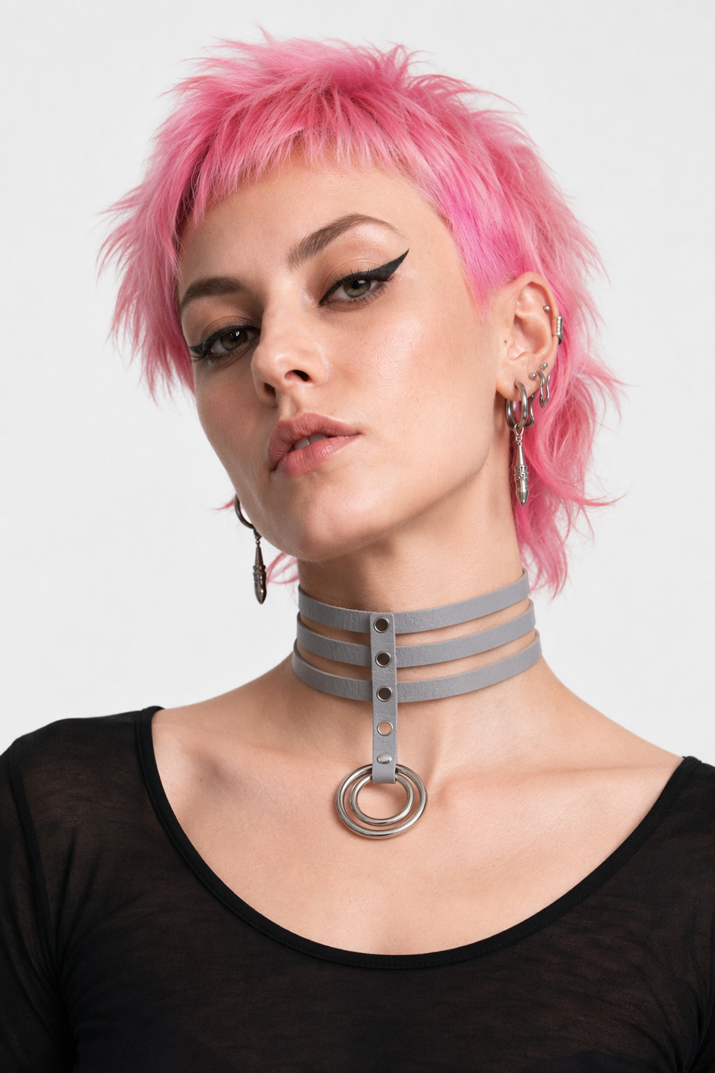 Vegan Leather High Elongated Collar with Built-in O-Ring Hook Gray
