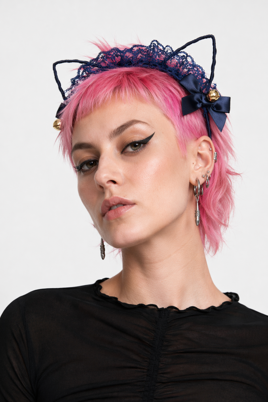 Cute Cat Ear Headband with Gold Bells and Lace Embellishments Navy