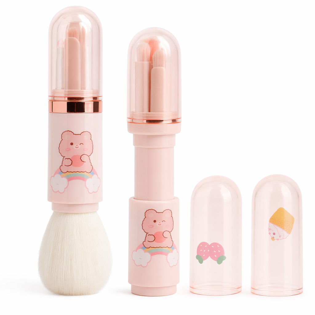 Compact 4 in 1 Makeup Brush Set for On-the-Go Touch-Ups Pink
