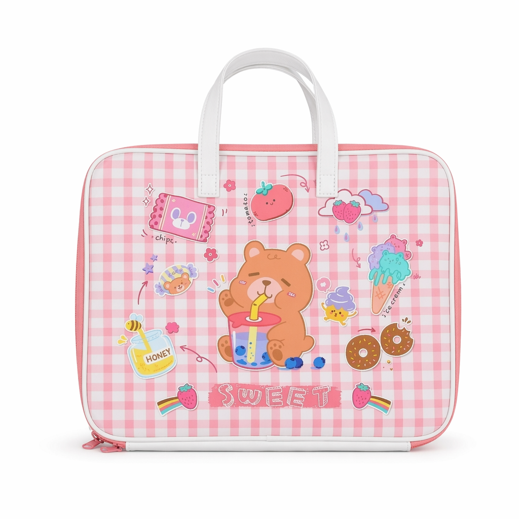 Milky Pastel Fairy-Kei Laptop Cover for Kawaii Aesthetic Lovers Sweet Plaid Bear