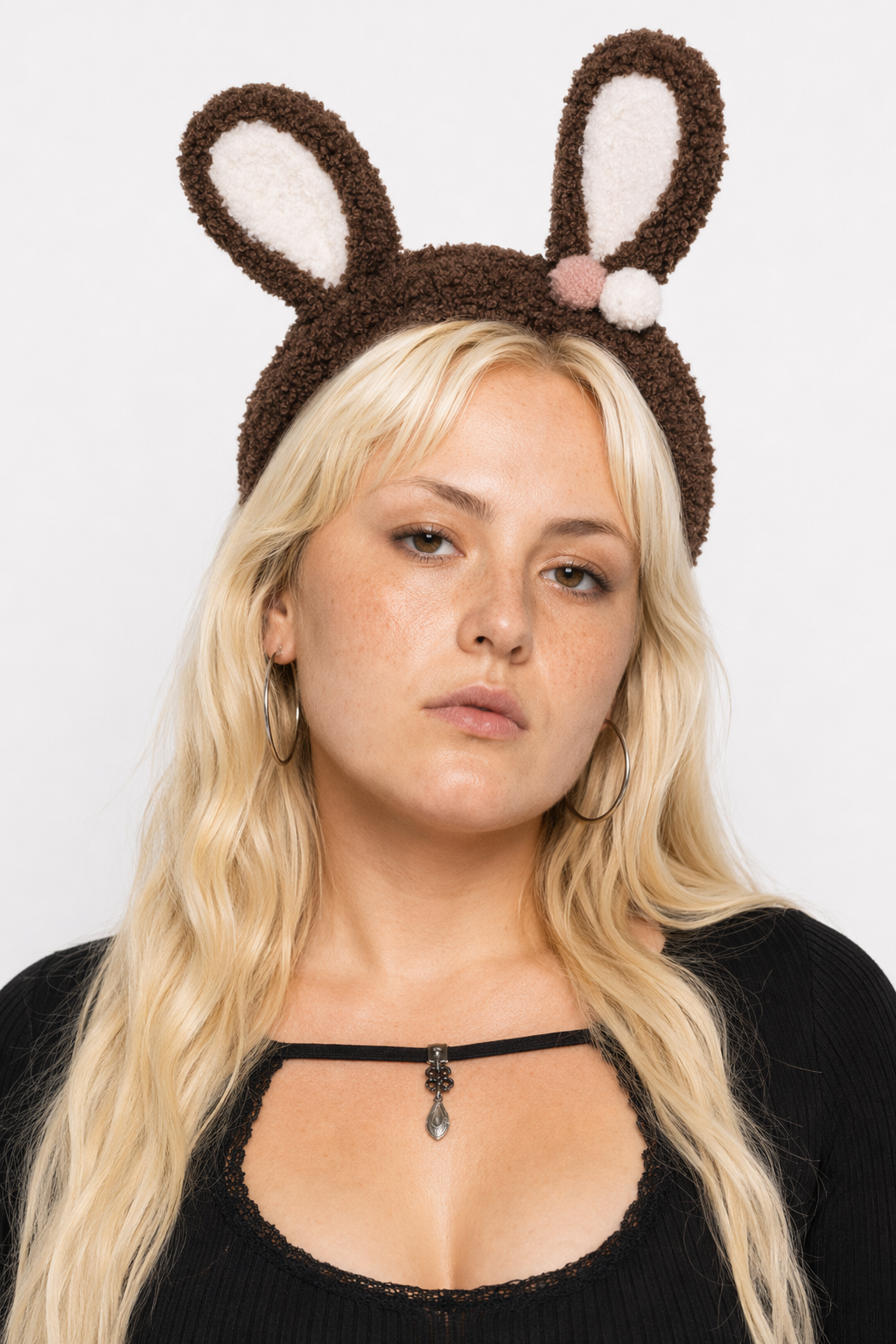 Fluffy Bunny-Eared Headband with Cute Pom Poms Dark Brown