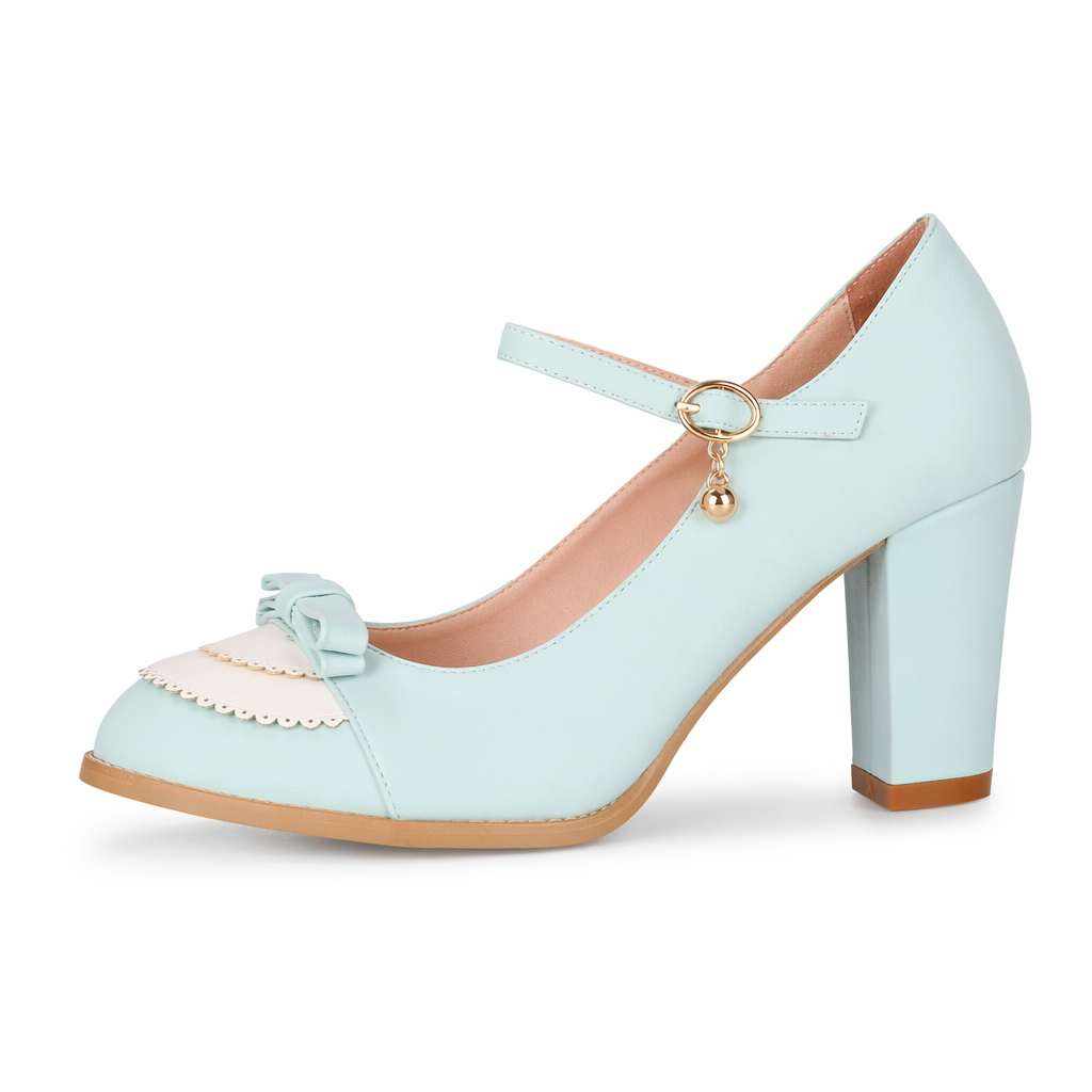 Sweet Lolita Heels with Lace Trim and Bow Details Blue
