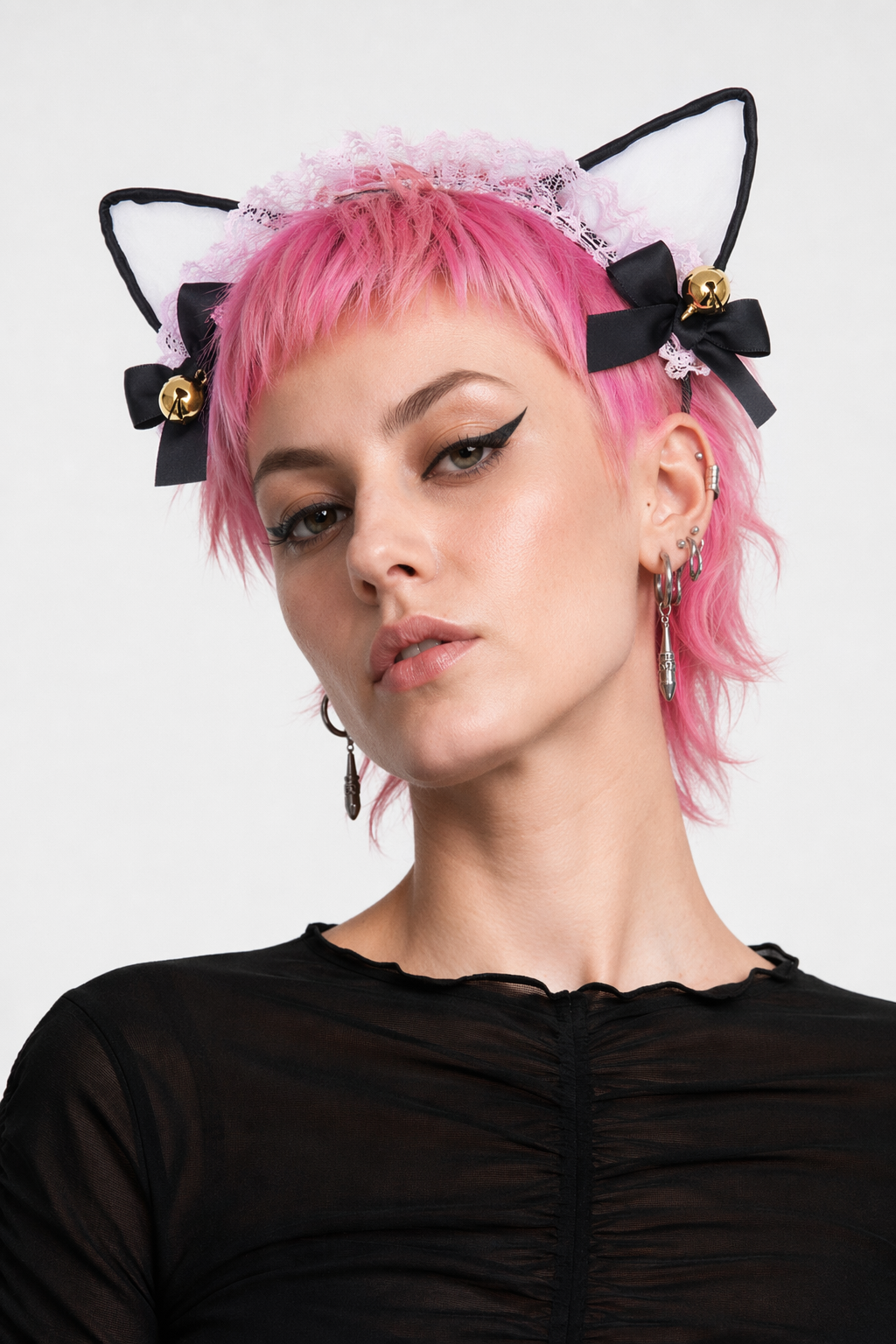 Cute Cat Ear Headband with Gold Bells and Lace Embellishments Pink