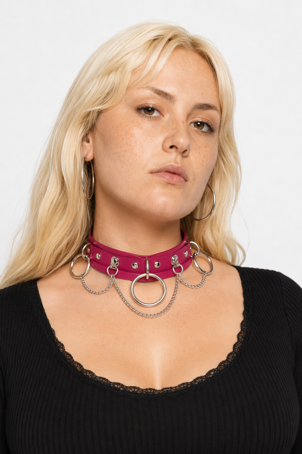 Vegan Leather O-Ring Choker Necklace with Silver Hardware Fuchsia