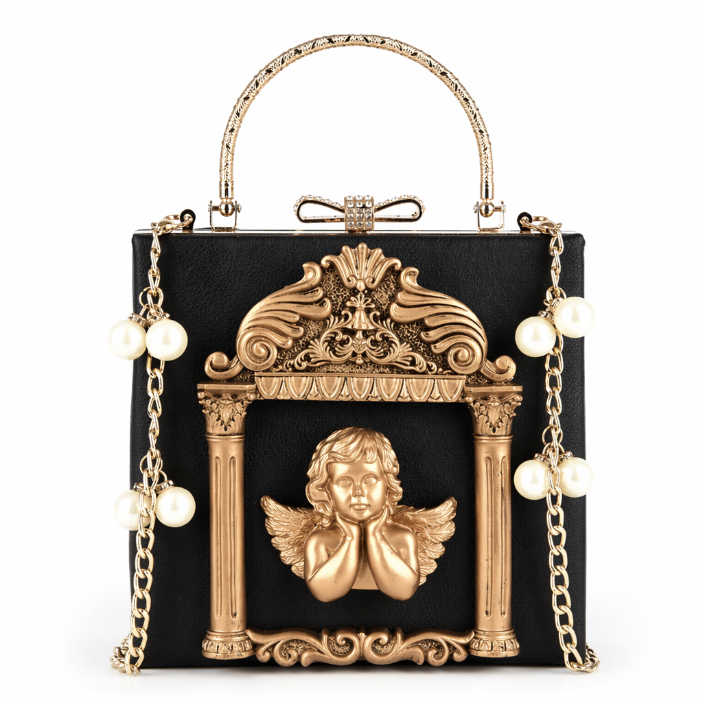 Luxury Vintage Victorian Angel Handbag with Cherub Design Black