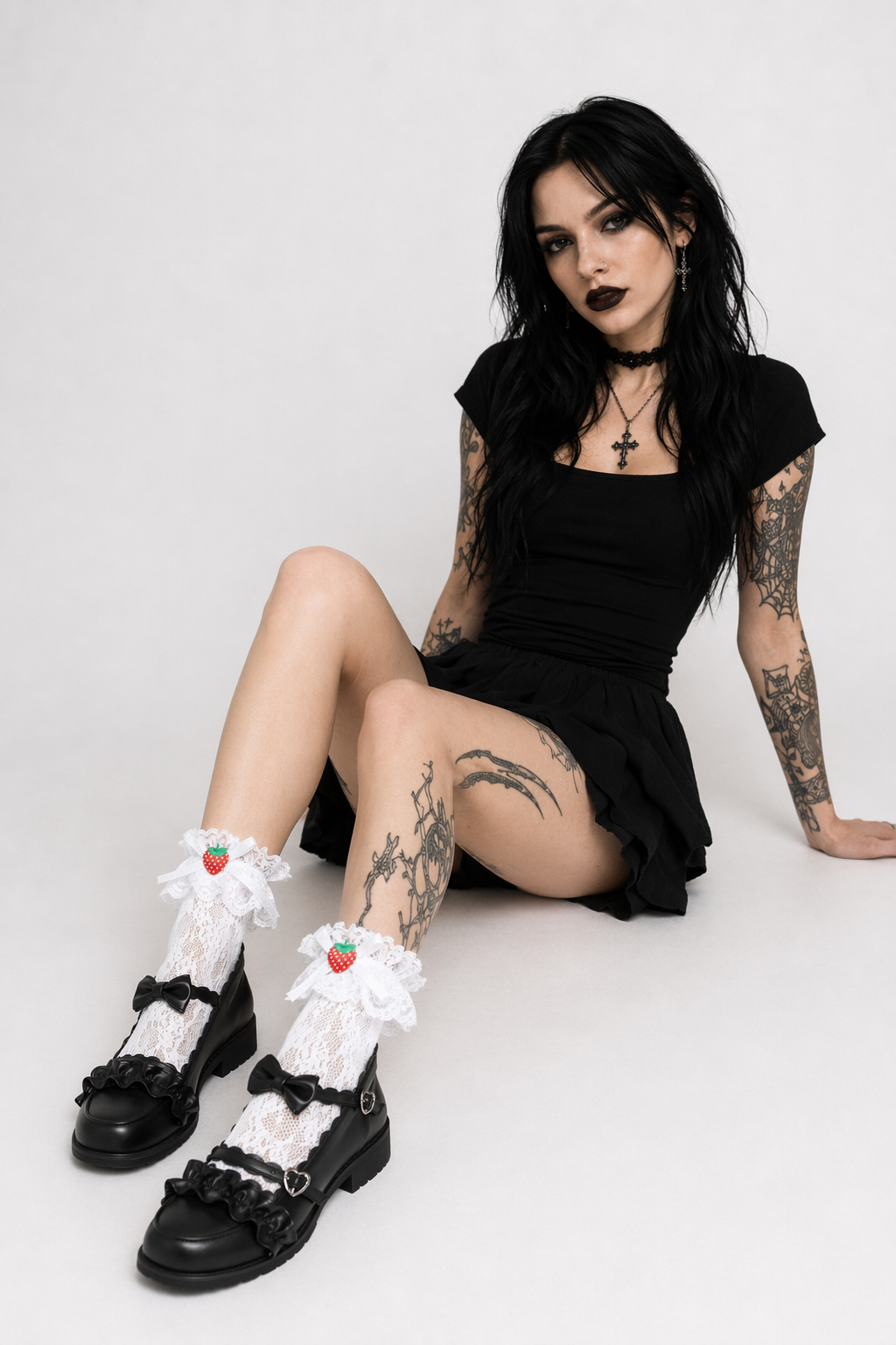 Lace Knee-High Stockings with Ruffles and Strawberry Silk Ribbon White
