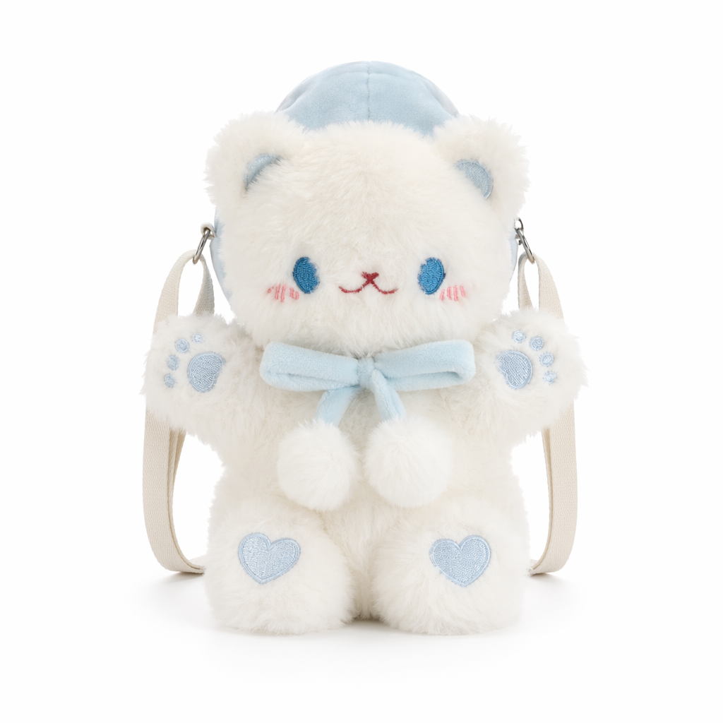 Pastel Furry Kitten Backpack with Hand Embroidered Paws Blue