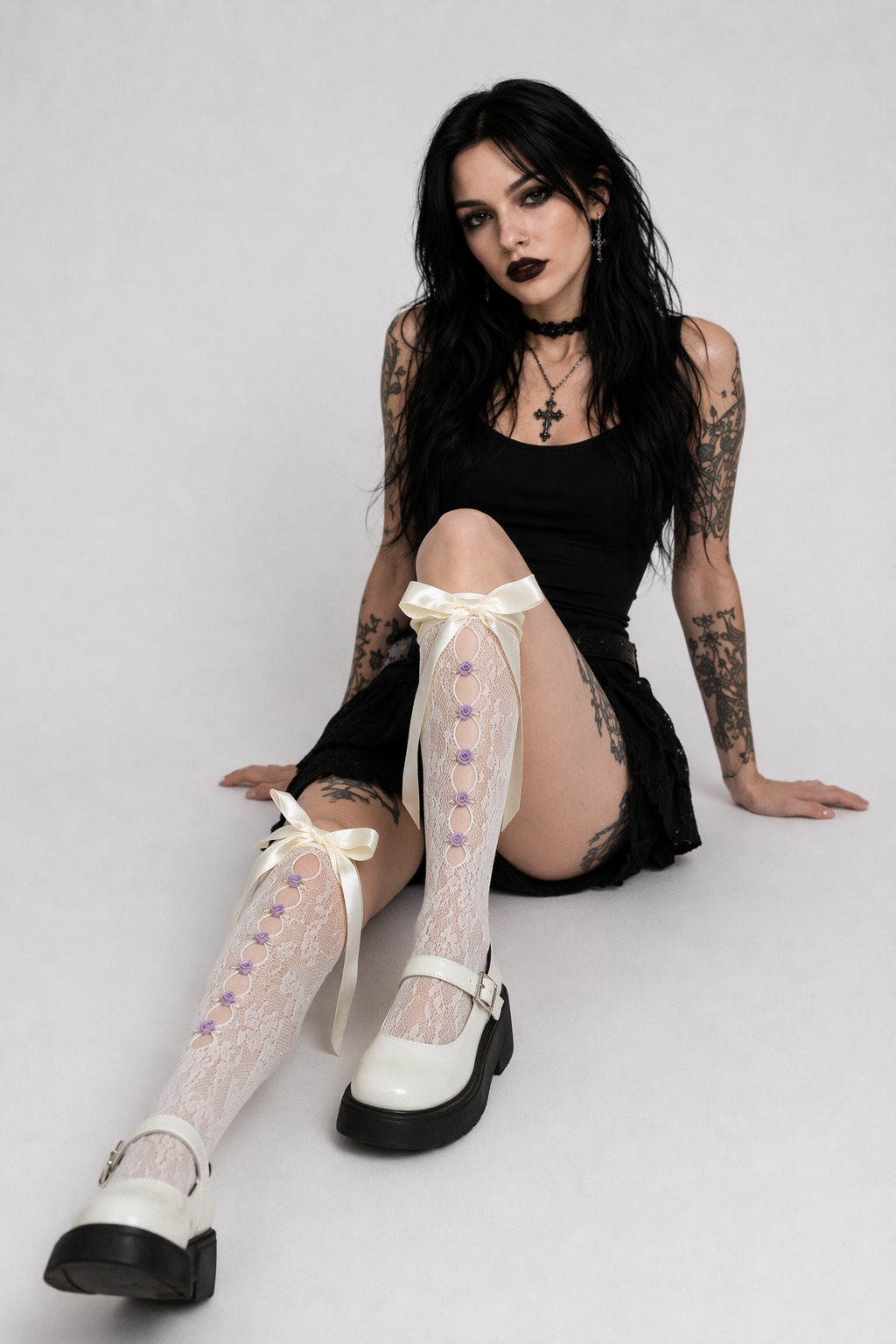 Lolita Lace Ribbon Rosebud Stockings in Black or White Cream Bow Front Purple Rosebuds