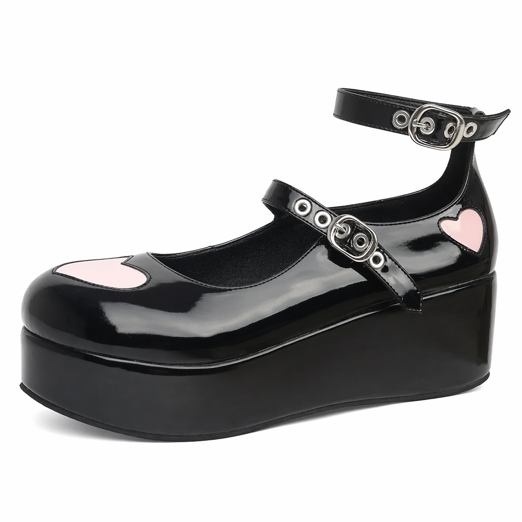 Babydoll Platform Wedge Mary Jane Shoes with Heart Buckle Black Shiny Heart