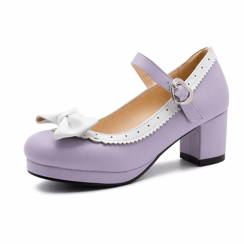 Sweet Lolita Heels with Lace Trim and Bow in Toe Version Purple