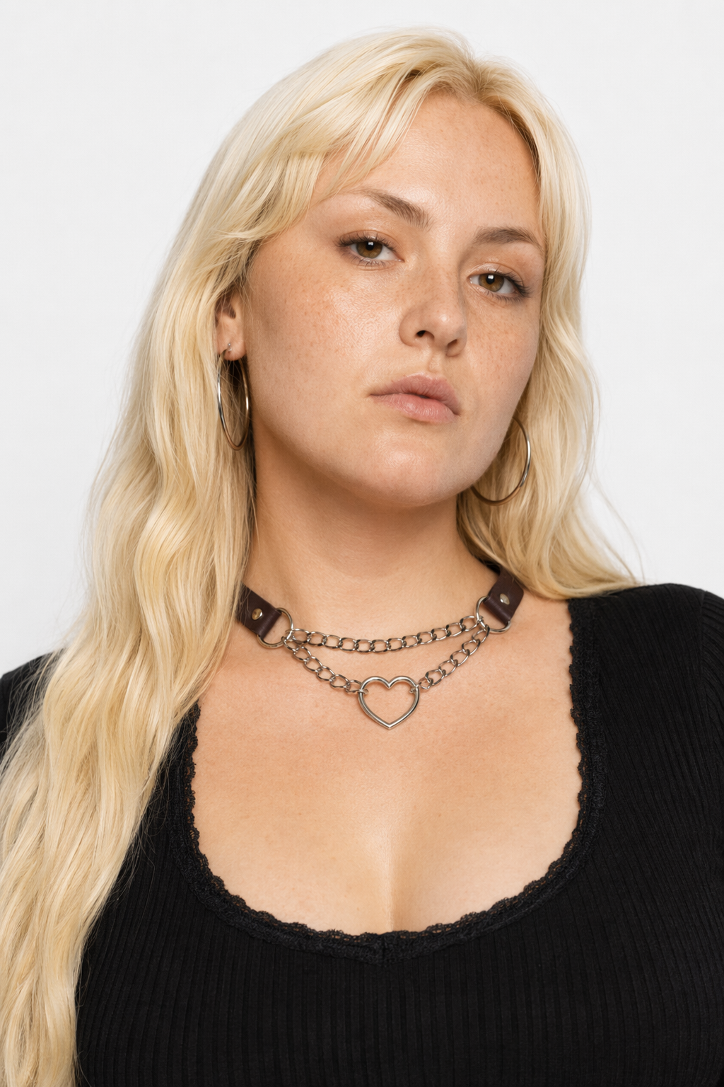 Thick Vegan Leather Chained Heart Choker Necklace Coffee