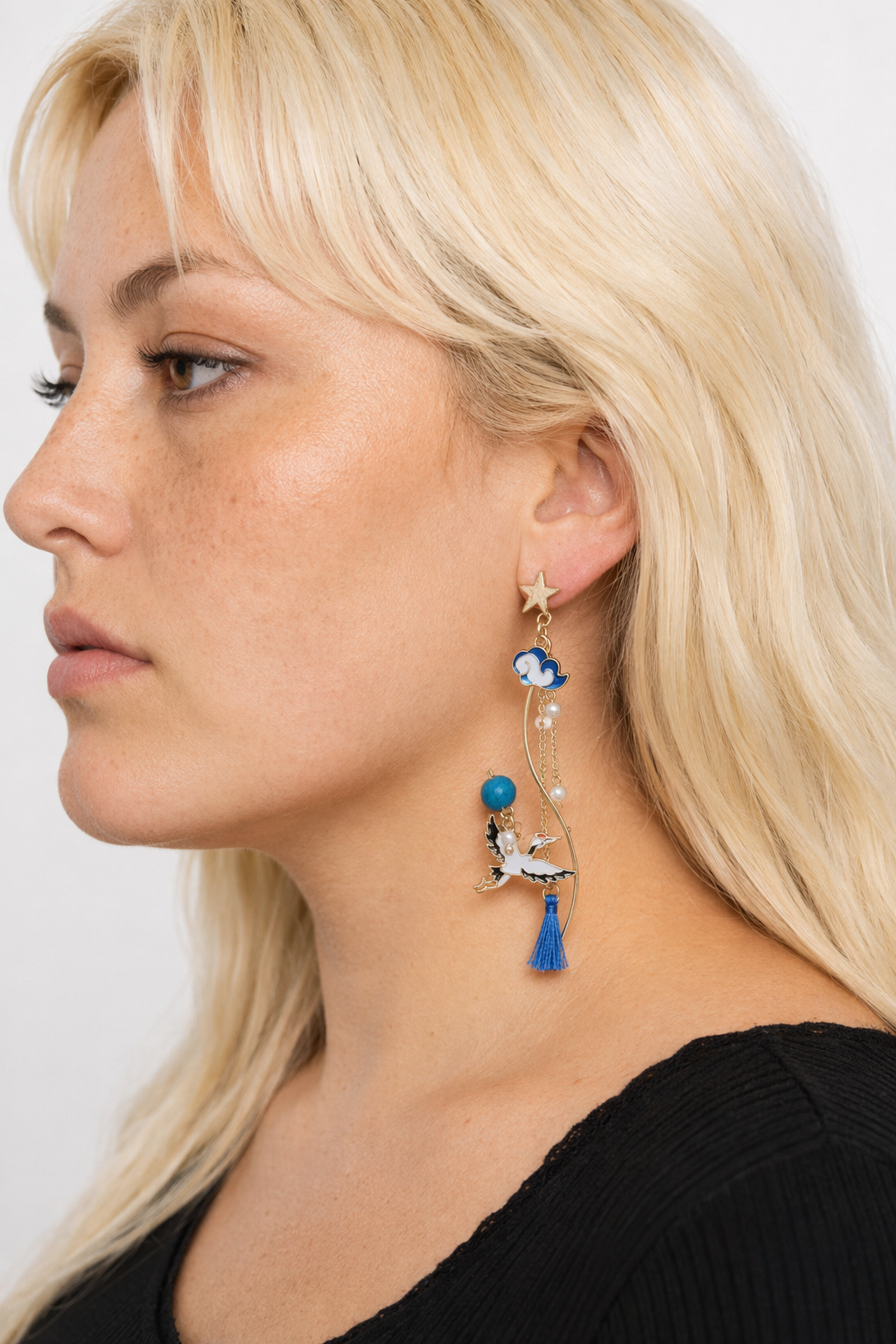 Dainty Crescent Moon Crystal Earrings with Rhinestones and Gems Dangling Bird