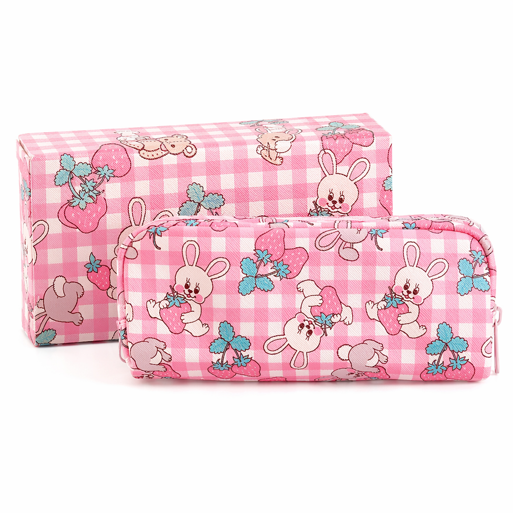 Milky Pastel Strawberry Bunny Rabbit Cosmetic Bag in Stock Strawberry Bunny Bag