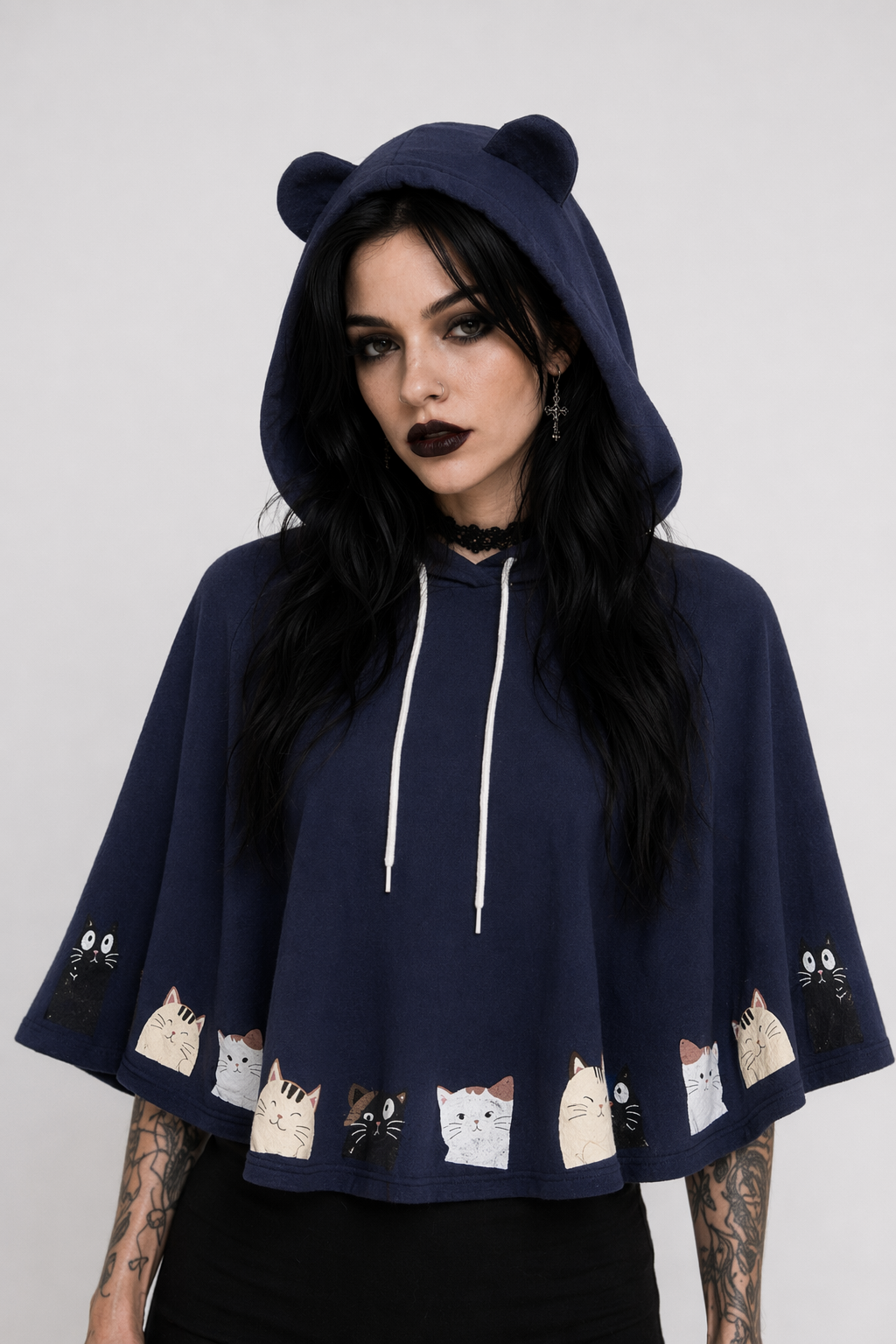 Cat Family Poncho Cape with Bear Ears for Kawaii Fashion Lovers Navy Blue