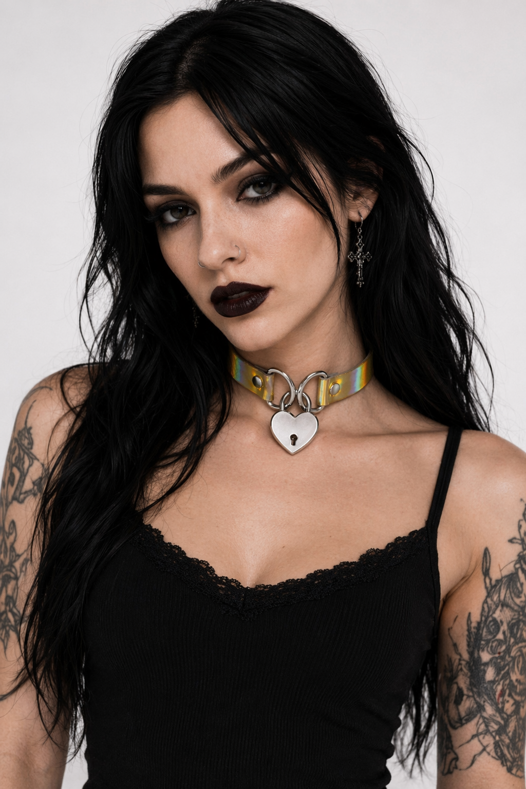 Holographic Lock and Key Choker Collar with Metal Locket Gold