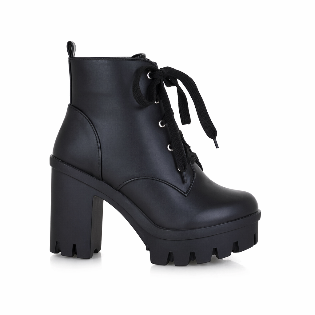 Chunky Square Heel Ankle Boots with Beautiful White Laces in Vegan Leather Black