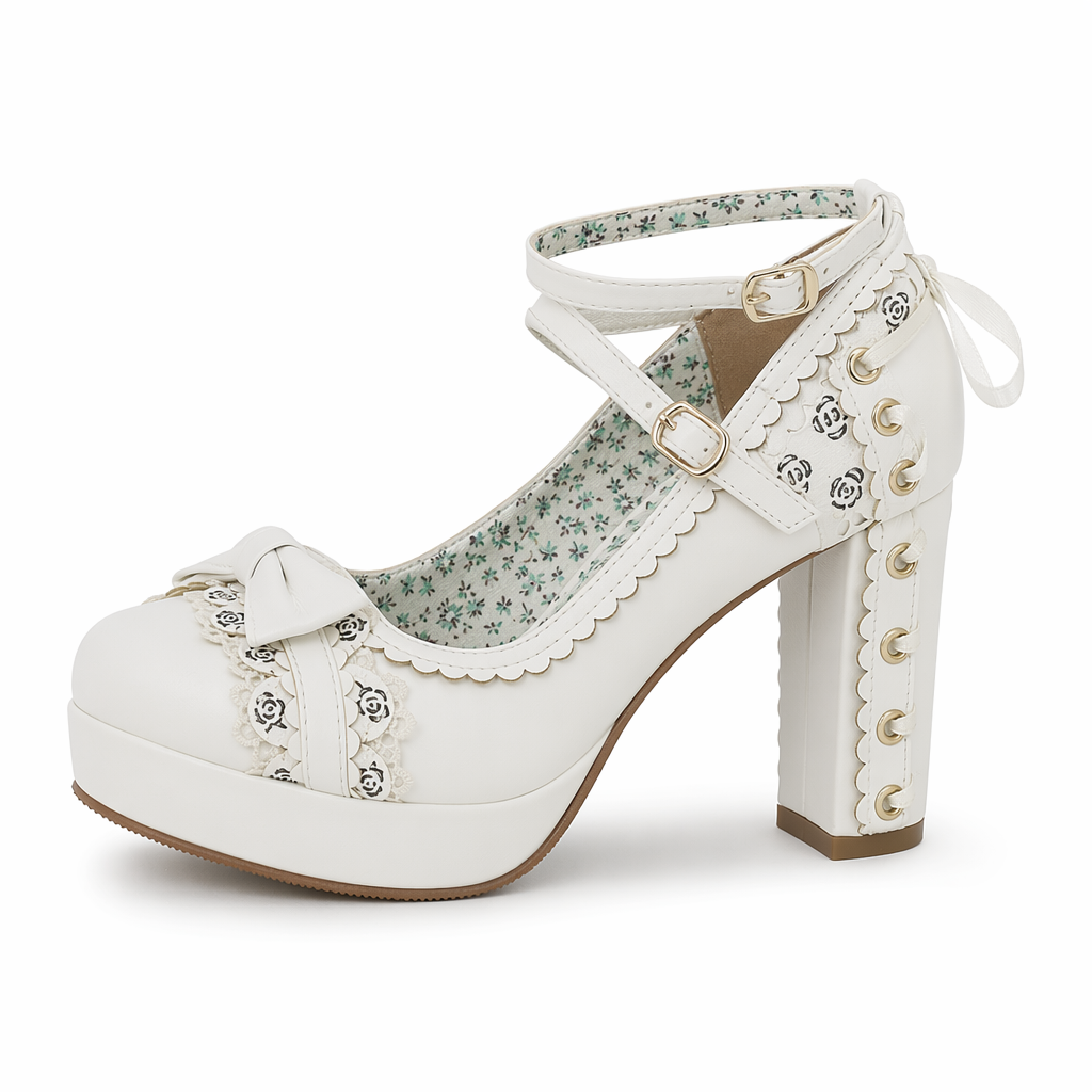 Sweet Lolita Heels with Lace Trim and Floral Insoles White