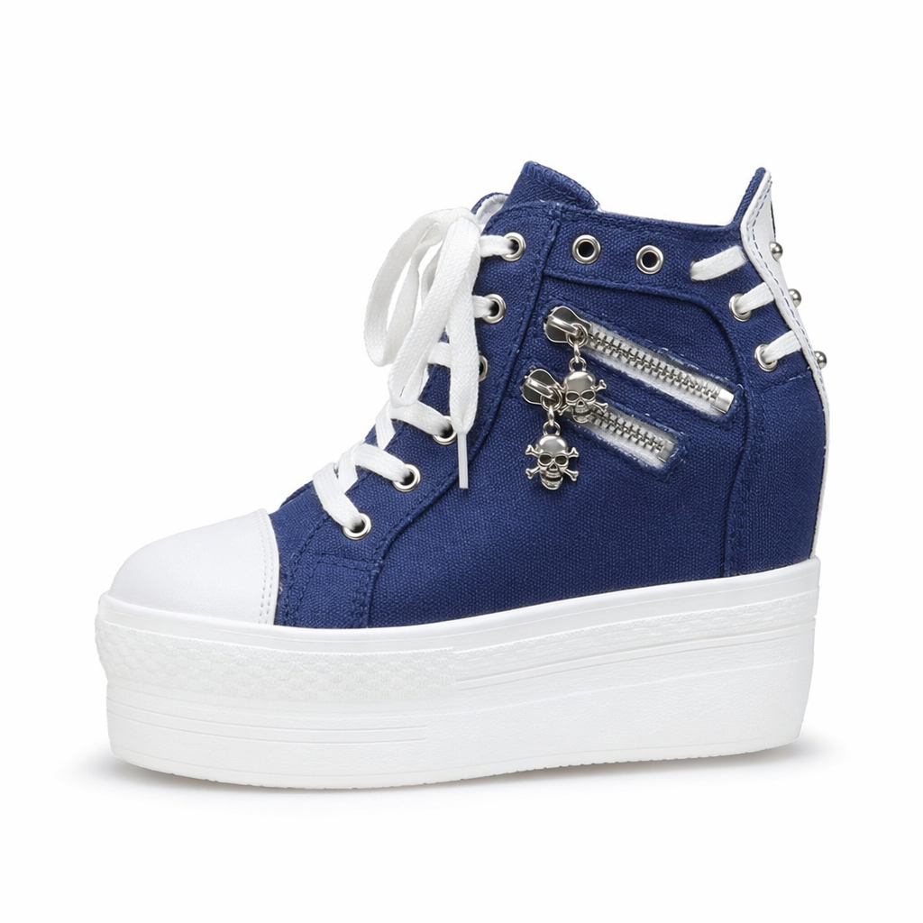 Chunky Wedge Platform Sneakers with Studs and Skull Zippers Blue