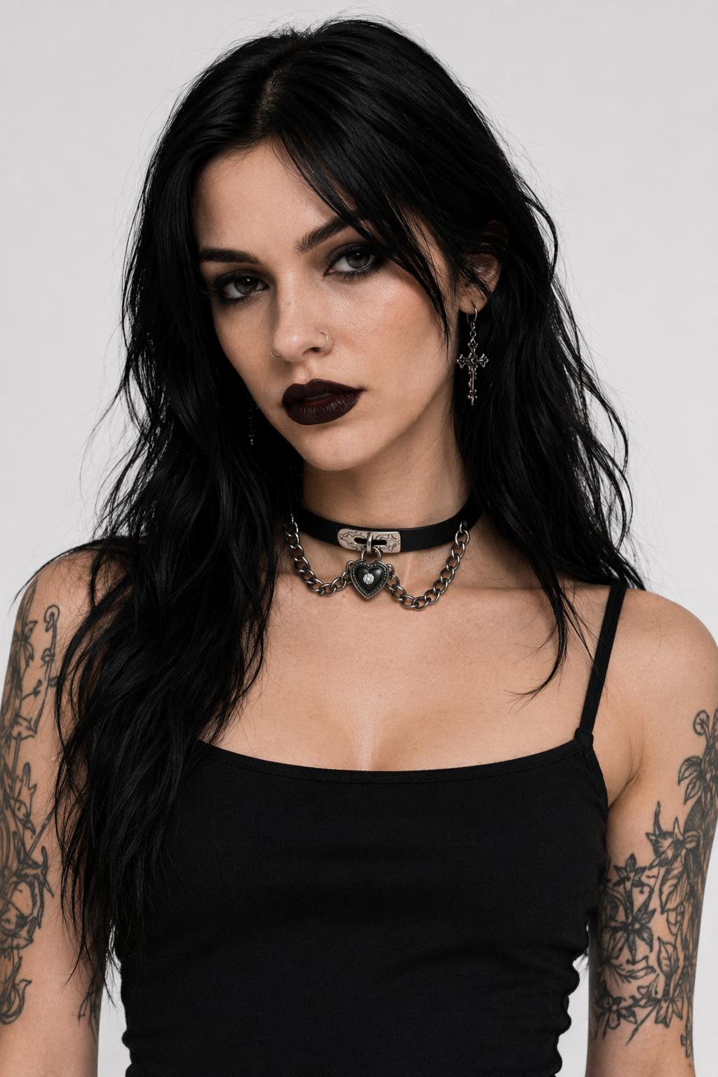 Gothic Victorian Vegan Leather Choker with Heart Locket and Chains Black
