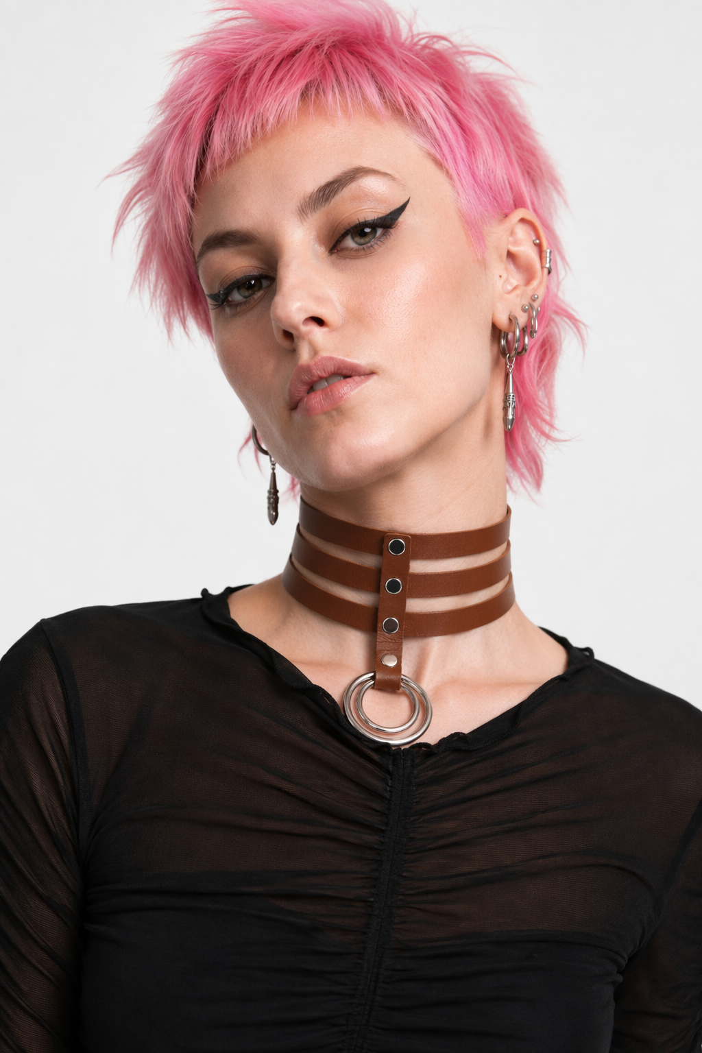 Vegan Leather High Elongated Collar with Built-in O-Ring Hook Brown