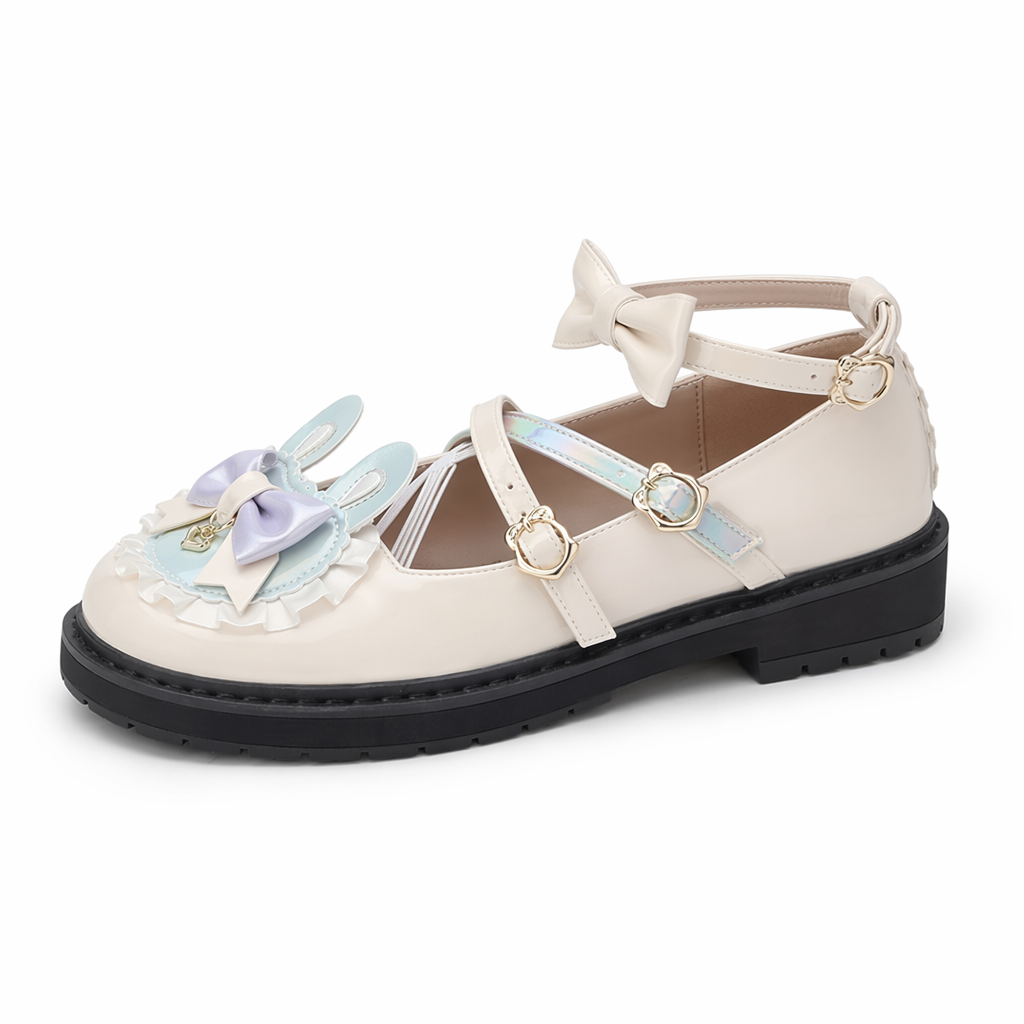 Holographic Bunny Ear Lolita Shoes for Kawaii Style Beige