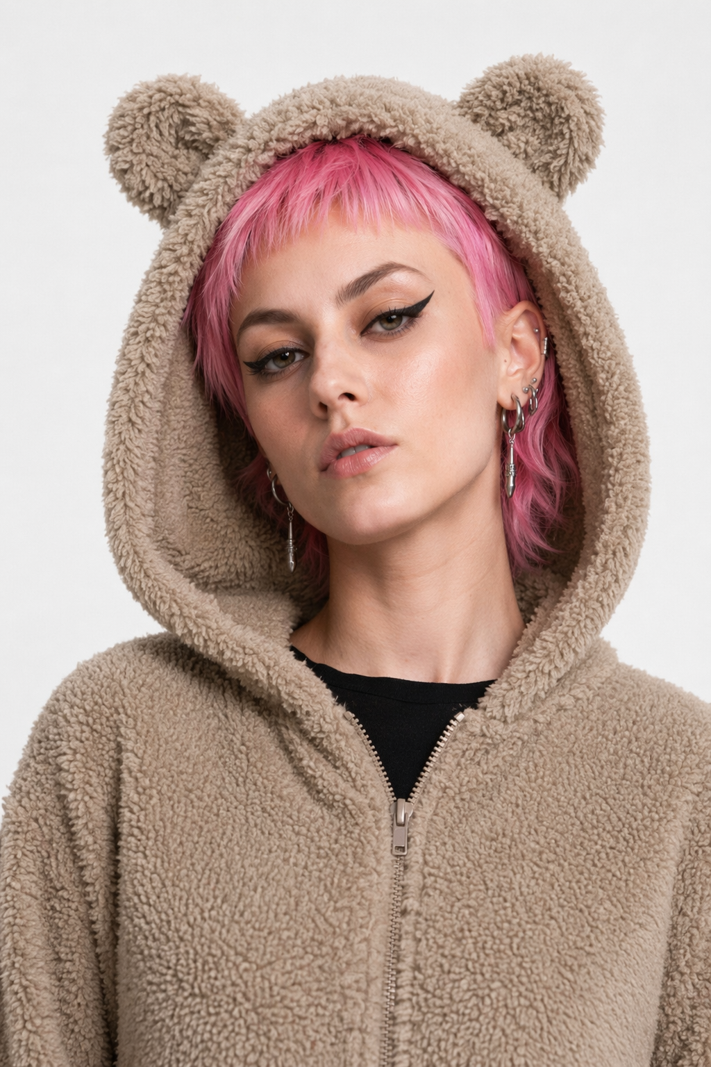 Adorable Vegan Fur Baby Bear Zippered Onesie with Ears Khaki