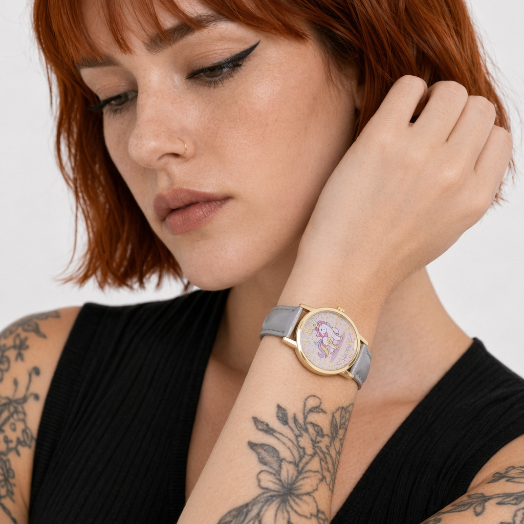 Magical Unicorn Wrist Watch with Gold Plated Hardware and Vegan Leather Grey