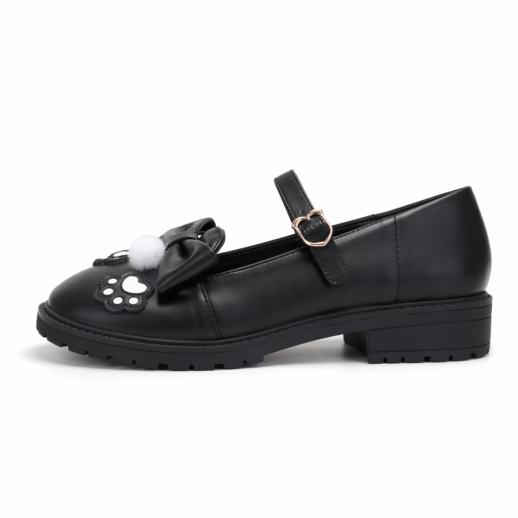 Pastel Sweet Lolita Shoes with Cute Embroidered Paw Prints Black