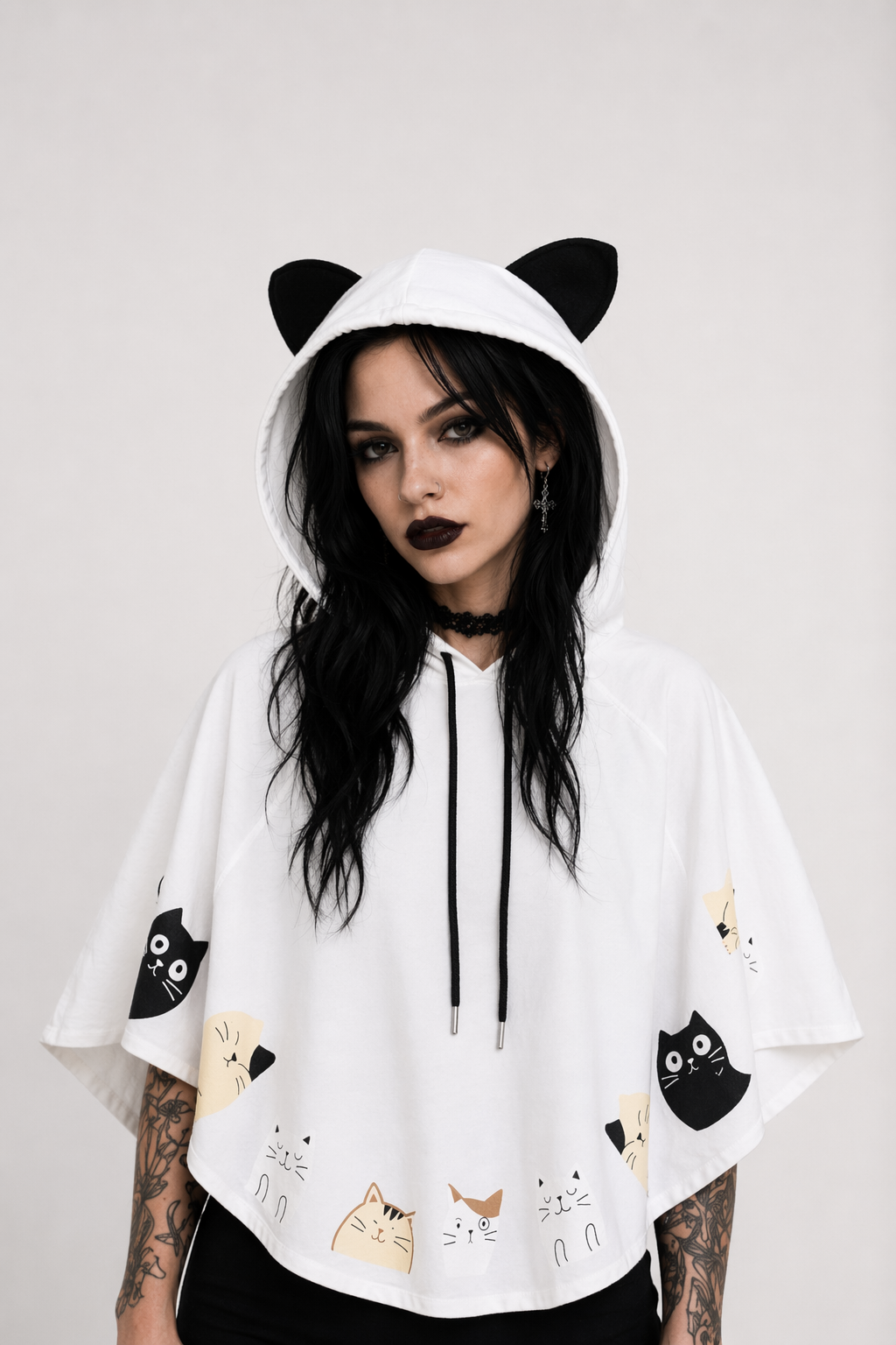 Cat Family Poncho Cape with Bear Ears for Kawaii Fashion Lovers White
