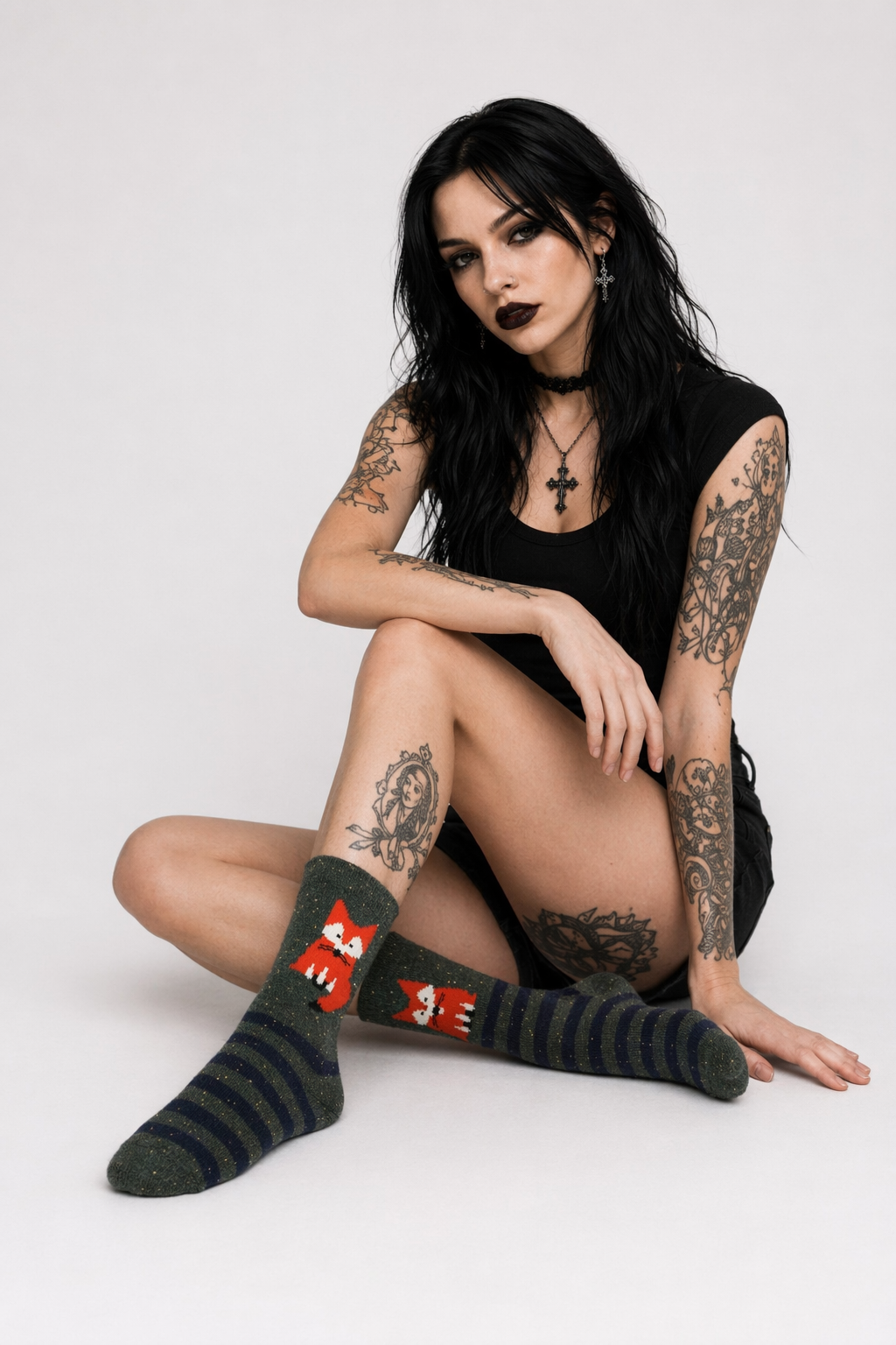 Snow Fox Christmas Socks with Embroidered Design and Vibrant Colors Green Fox