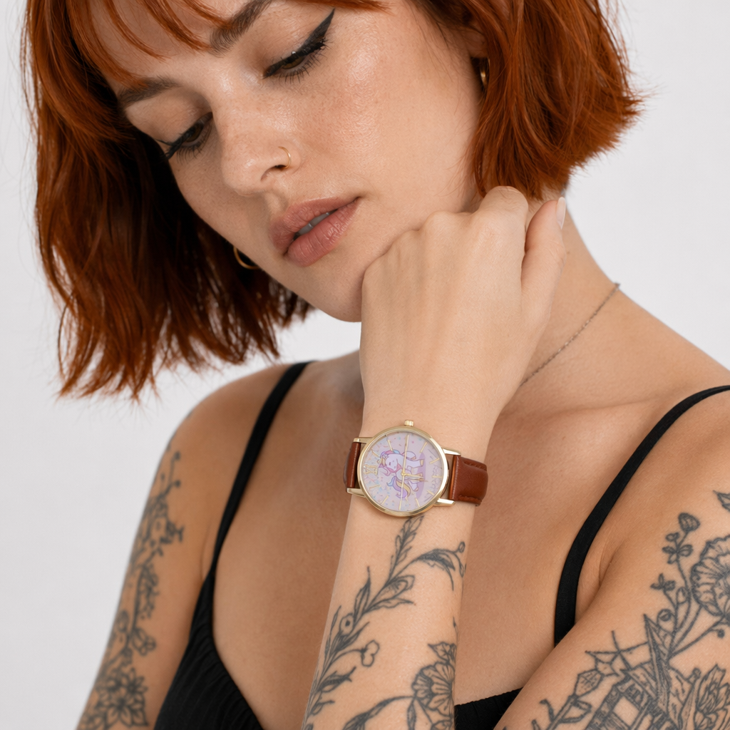 Magical Unicorn Wrist Watch with Gold Plated Hardware and Vegan Leather Brown