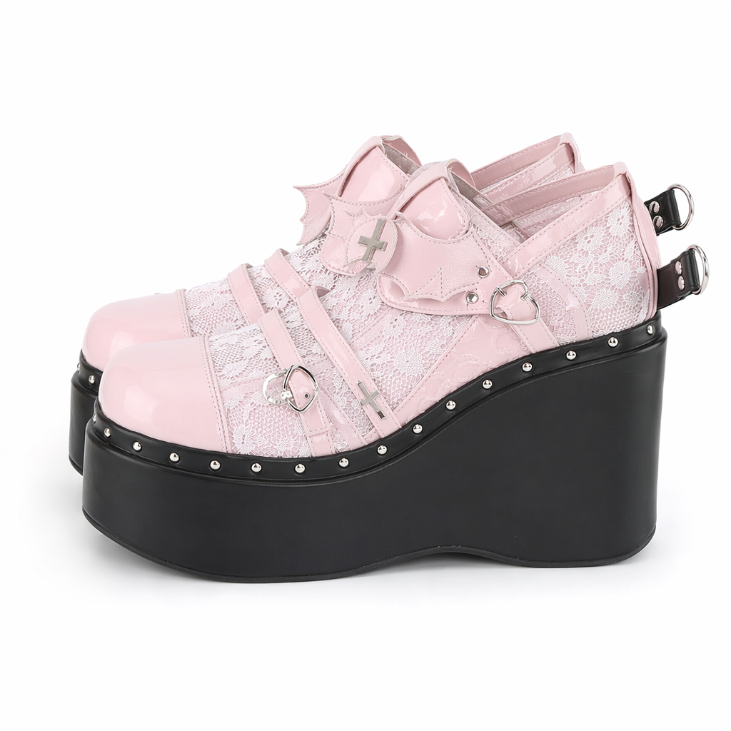 Gothic Lolita Bat Wing Platform Wedge Shoes with Strappy Buckles Pink